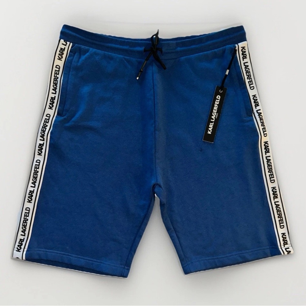 KARL LAGERFELD PARIS Logo Taped Shorts Sweats Blue Adjustable Waist Size XL